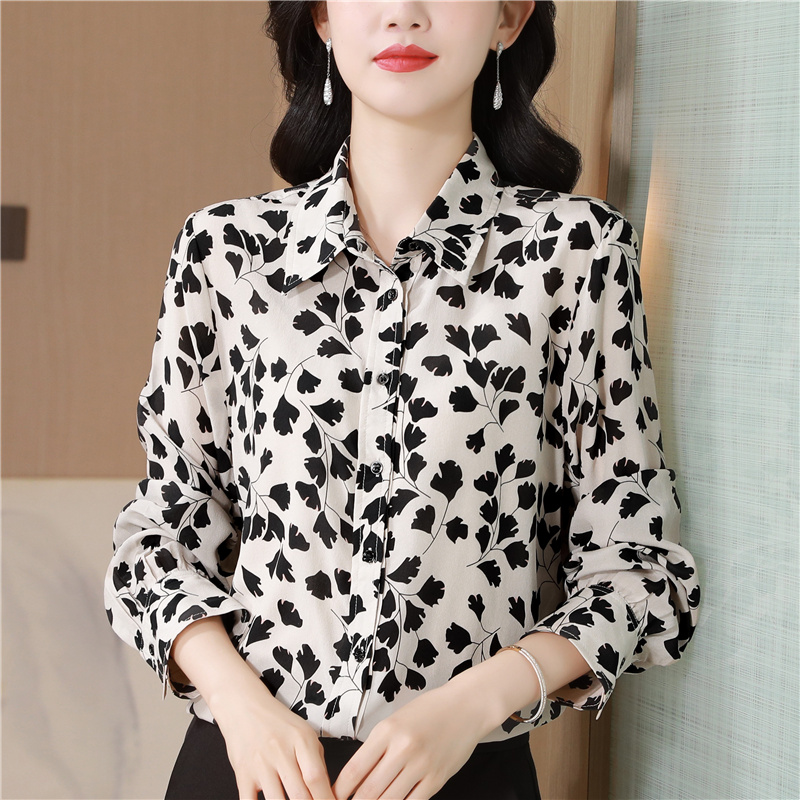 Printing real silk small shirt autumn silk tops