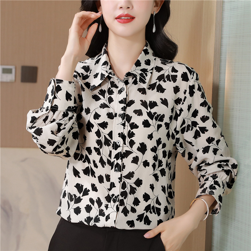 Printing real silk small shirt autumn silk tops