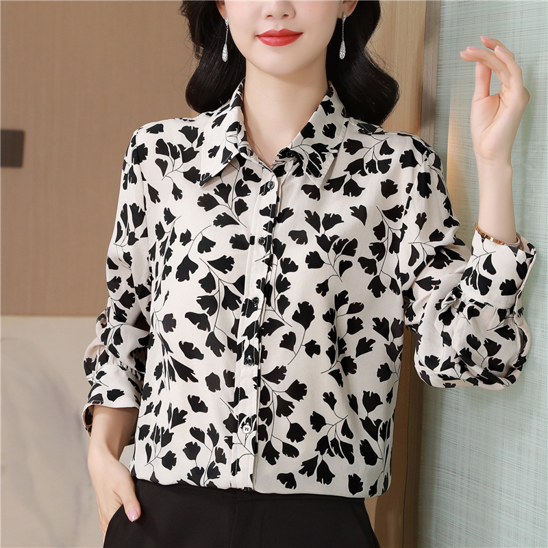 Printing real silk small shirt autumn silk tops