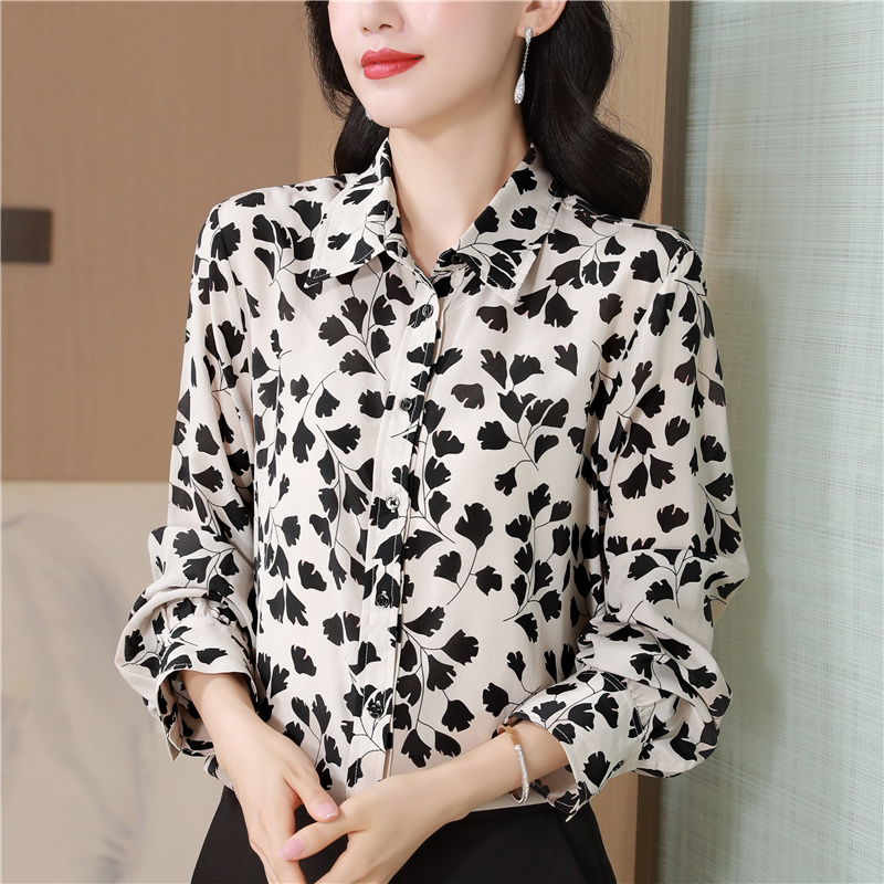 Printing real silk small shirt autumn silk tops