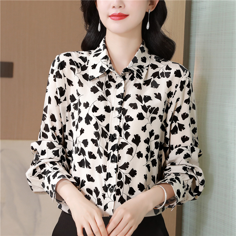 Printing real silk small shirt autumn silk tops