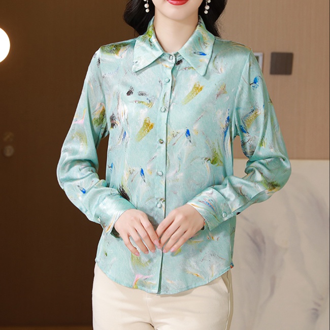 Slim commuting printing long sleeve silk shirt