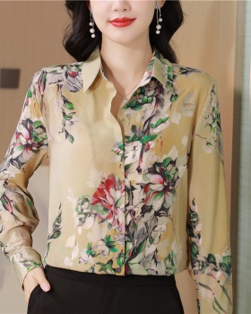 Fine real silk lapel tops printing flowers shirt