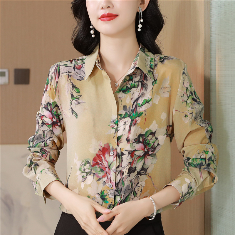 Fine real silk lapel tops printing flowers shirt