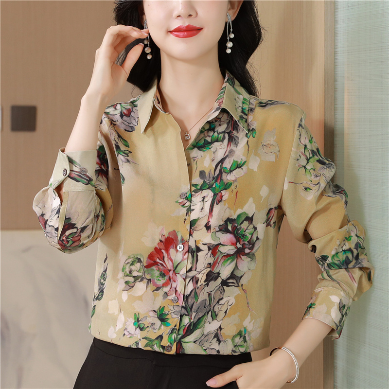 Fine real silk lapel tops printing flowers shirt