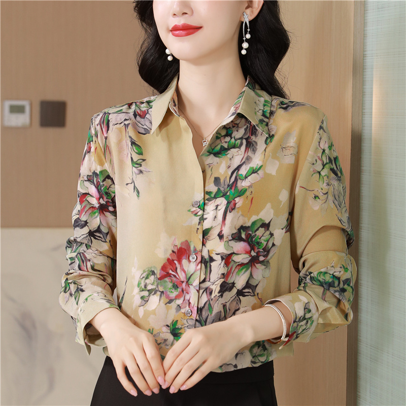 Fine real silk lapel tops printing flowers shirt