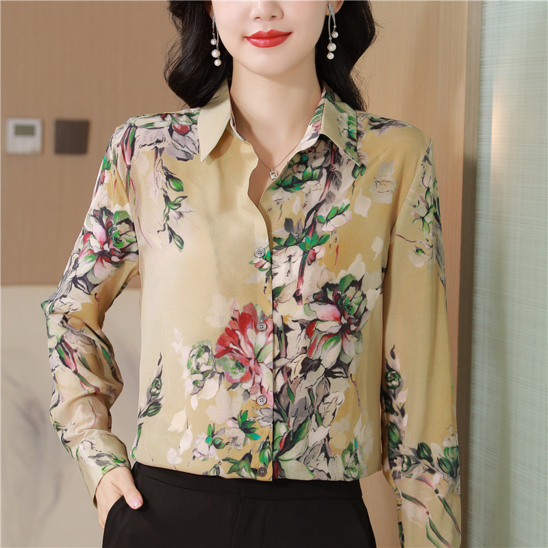 Fine real silk lapel tops printing flowers shirt