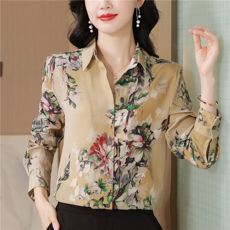 Fine real silk lapel tops printing flowers shirt