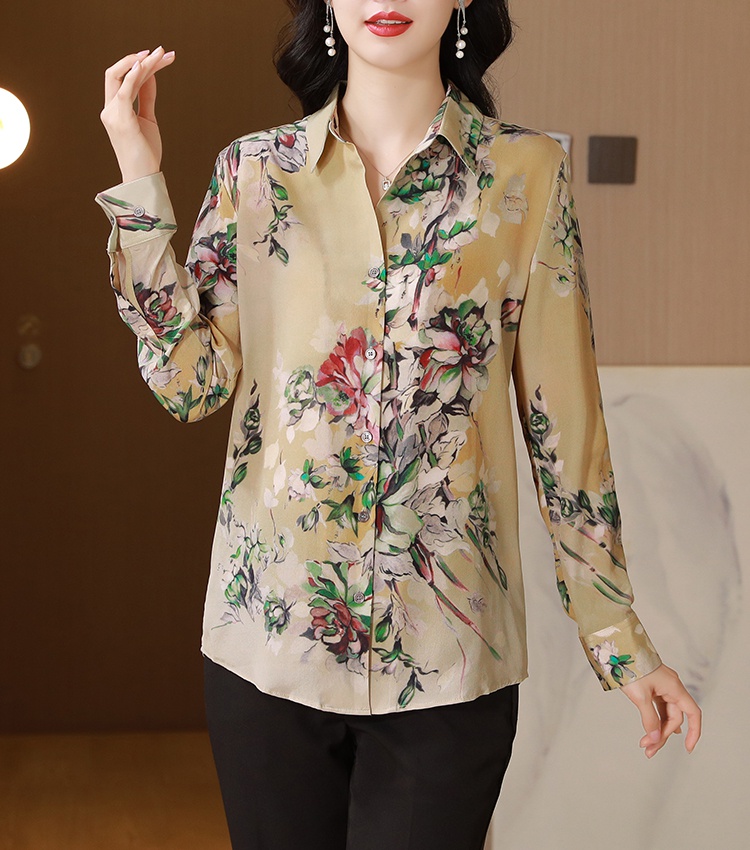 Fine real silk lapel tops printing flowers shirt