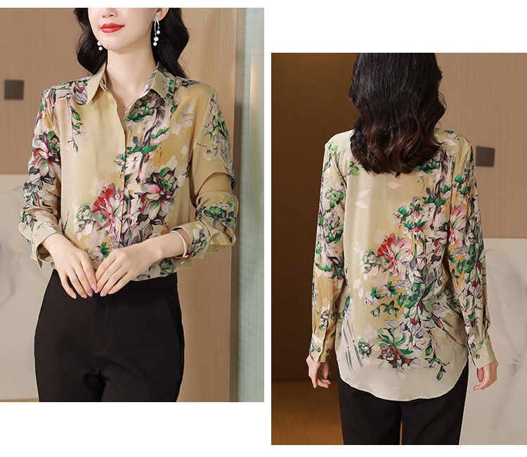 Fine real silk lapel tops printing flowers shirt