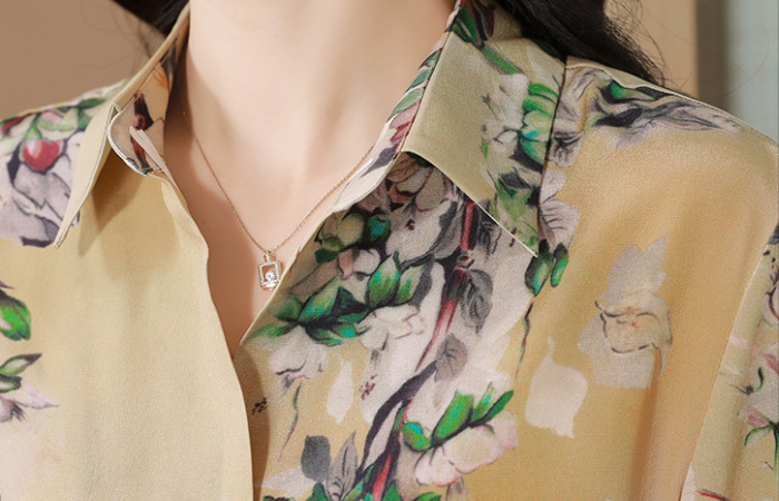 Fine real silk lapel tops printing flowers shirt