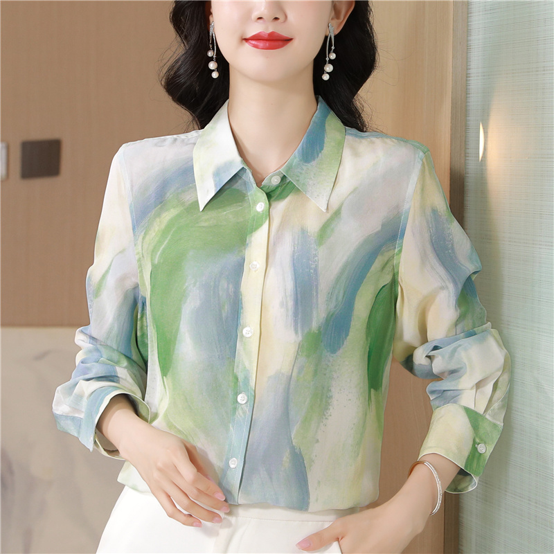 Printing real silk tops refreshing ink shirt for women