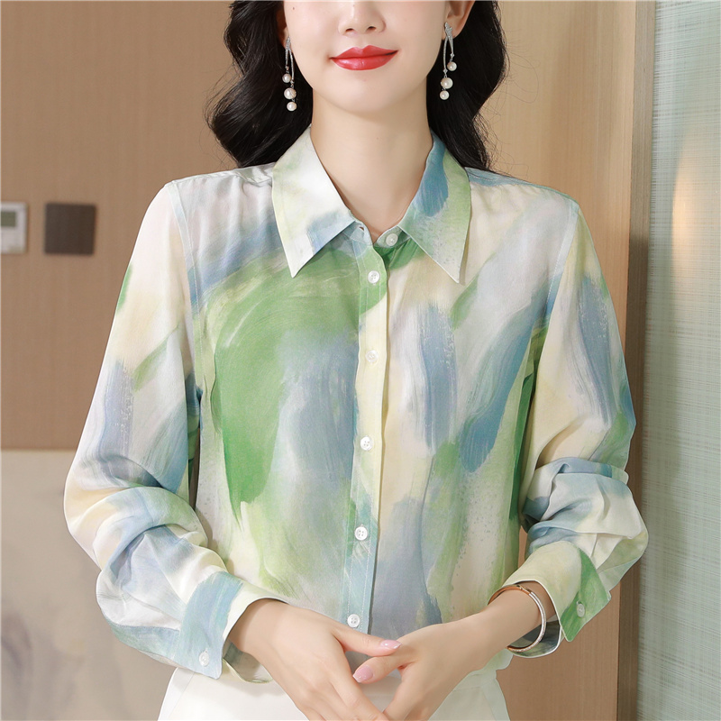 Printing real silk tops refreshing ink shirt for women