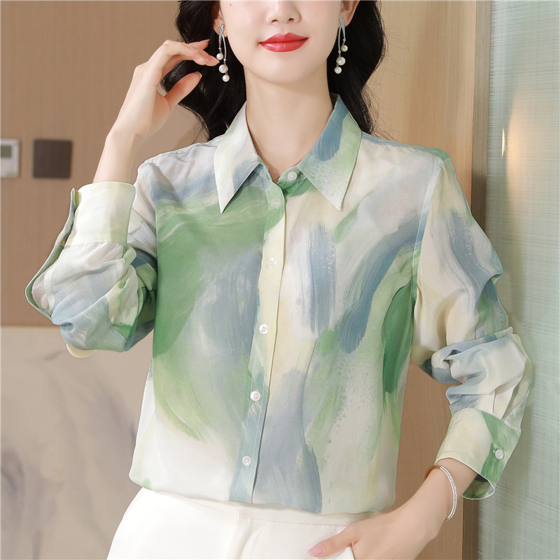 Printing real silk tops refreshing ink shirt for women