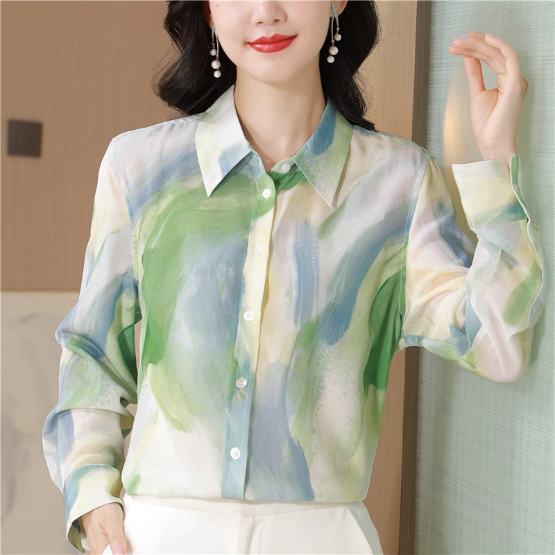 Printing real silk tops refreshing ink shirt for women