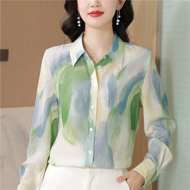 Printing real silk tops refreshing ink shirt for women