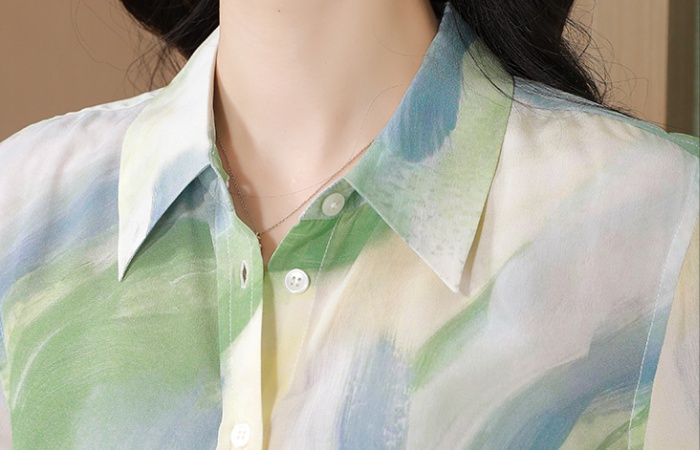 Printing real silk tops refreshing ink shirt for women