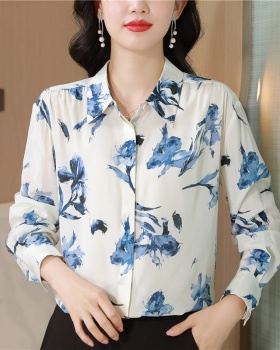 Real silk lapel shirt temperament blue tops for women