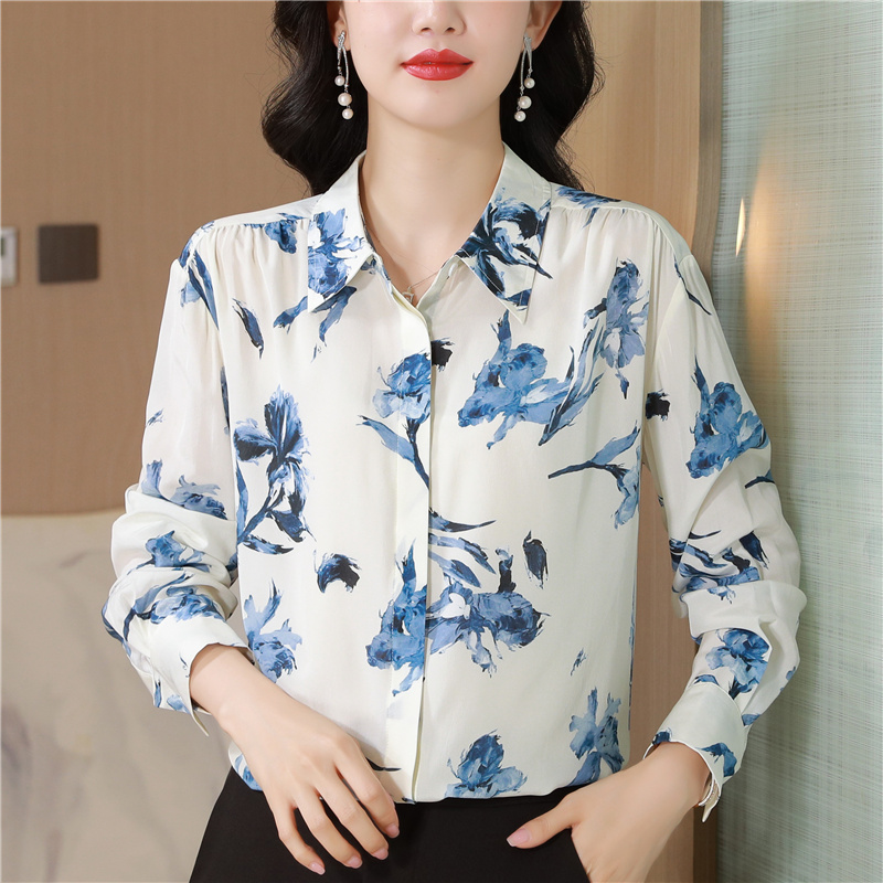 Real silk lapel shirt temperament blue tops for women