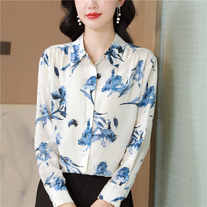 Real silk lapel shirt temperament blue tops for women