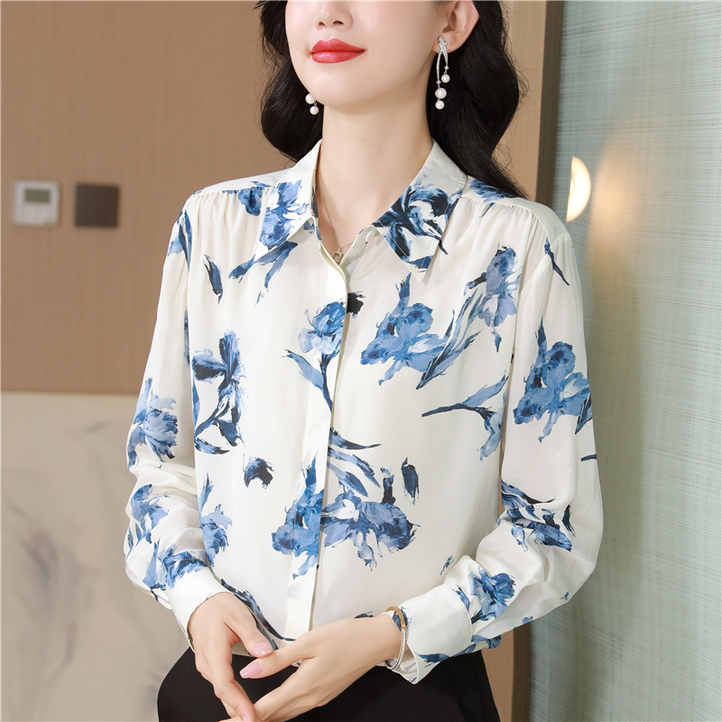 Real silk lapel shirt temperament blue tops for women