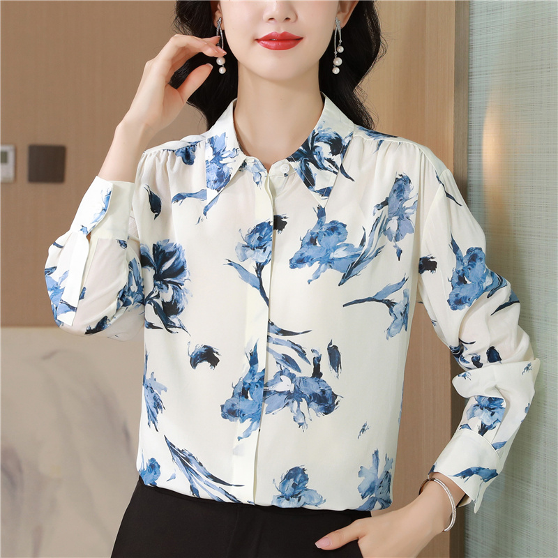 Real silk lapel shirt temperament blue tops for women