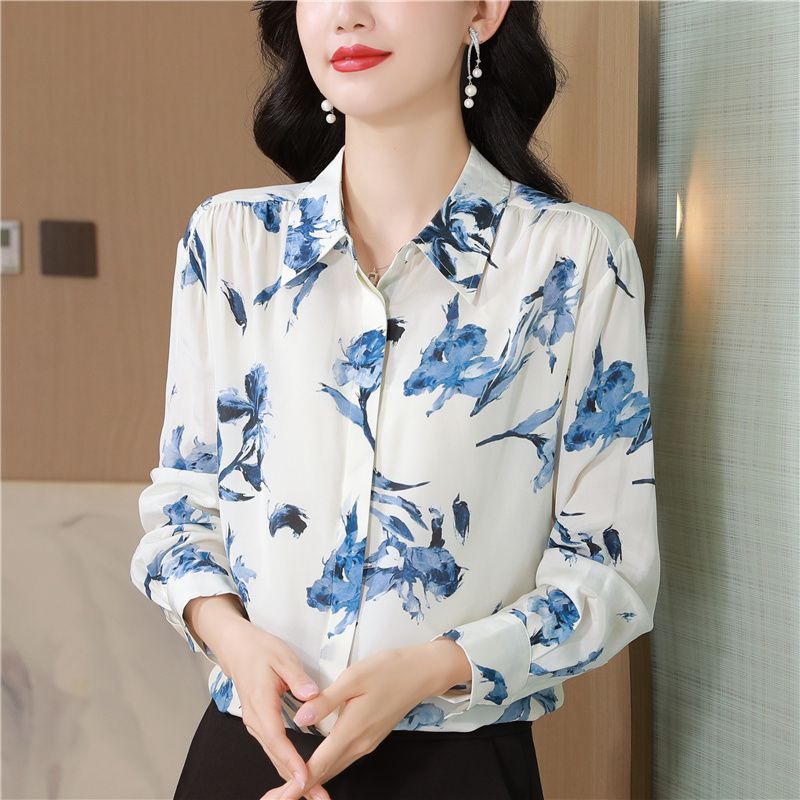 Real silk lapel shirt temperament blue tops for women