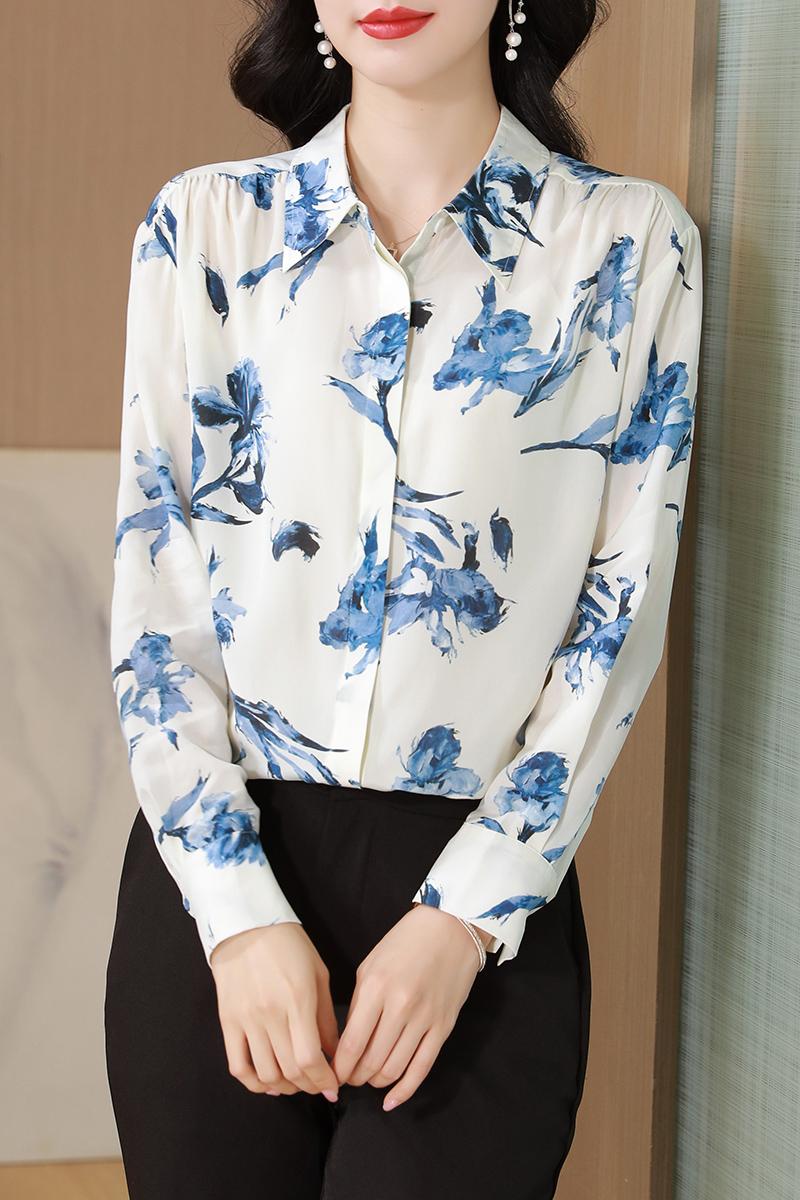 Real silk lapel shirt temperament blue tops for women