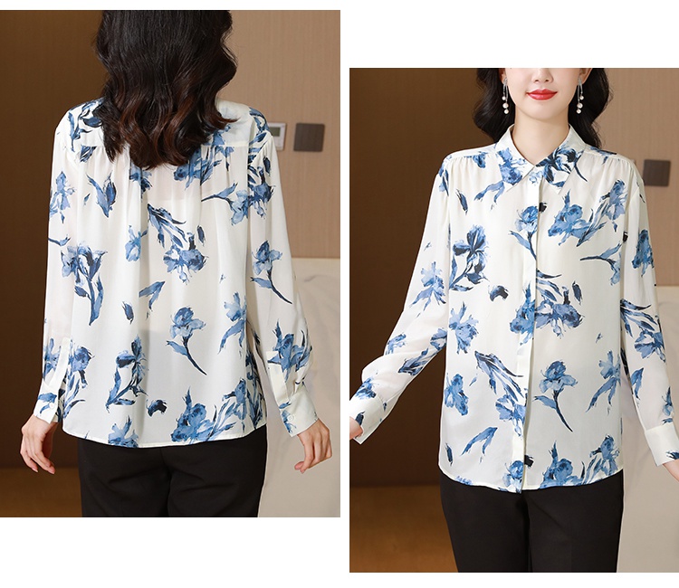 Real silk lapel shirt temperament blue tops for women