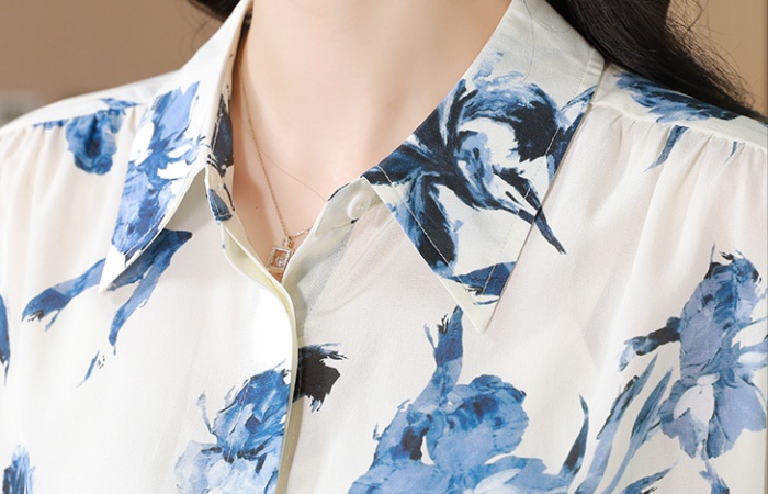 Real silk lapel shirt temperament blue tops for women