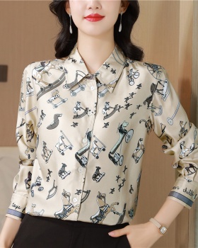 Real silk lapel printing shirt long sleeve retro tops