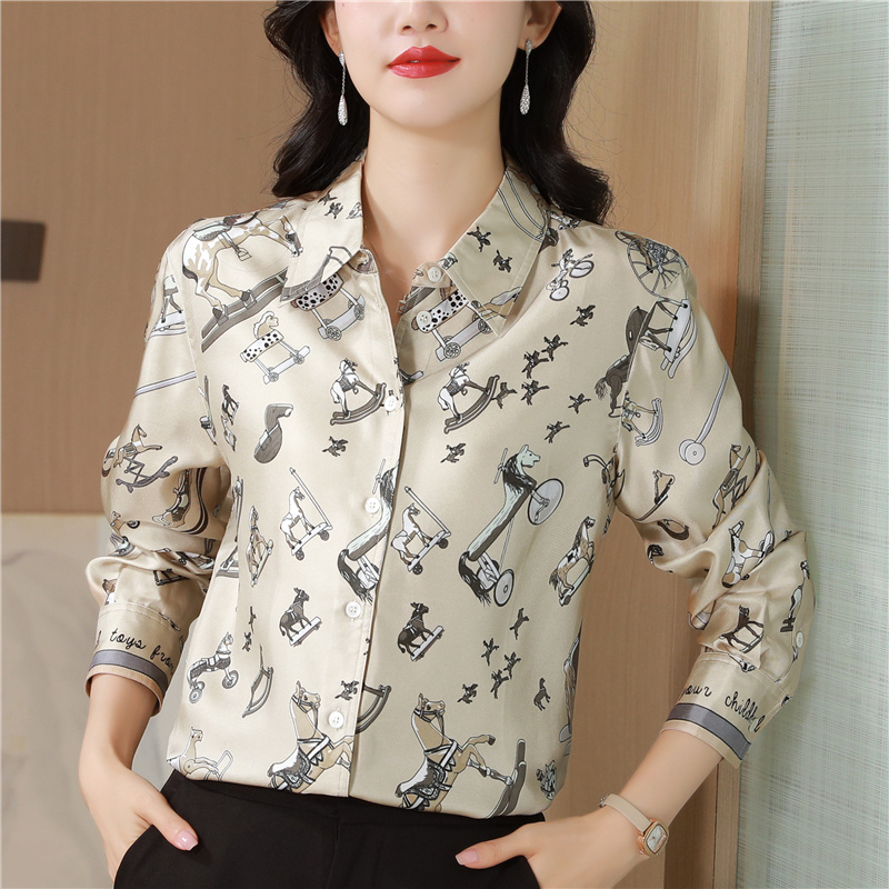 Real silk lapel printing shirt long sleeve retro tops