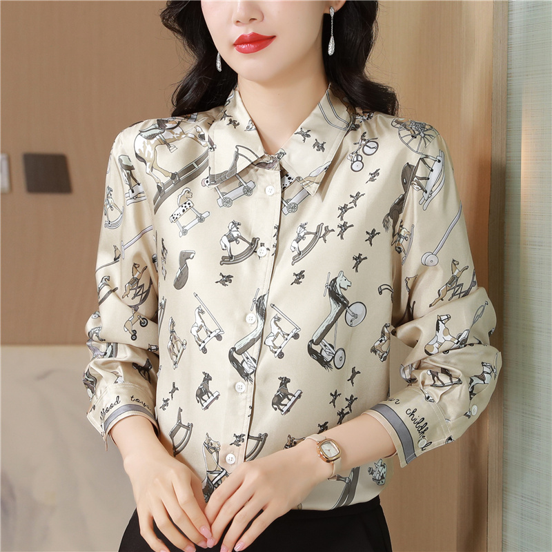 Real silk lapel printing shirt long sleeve retro tops