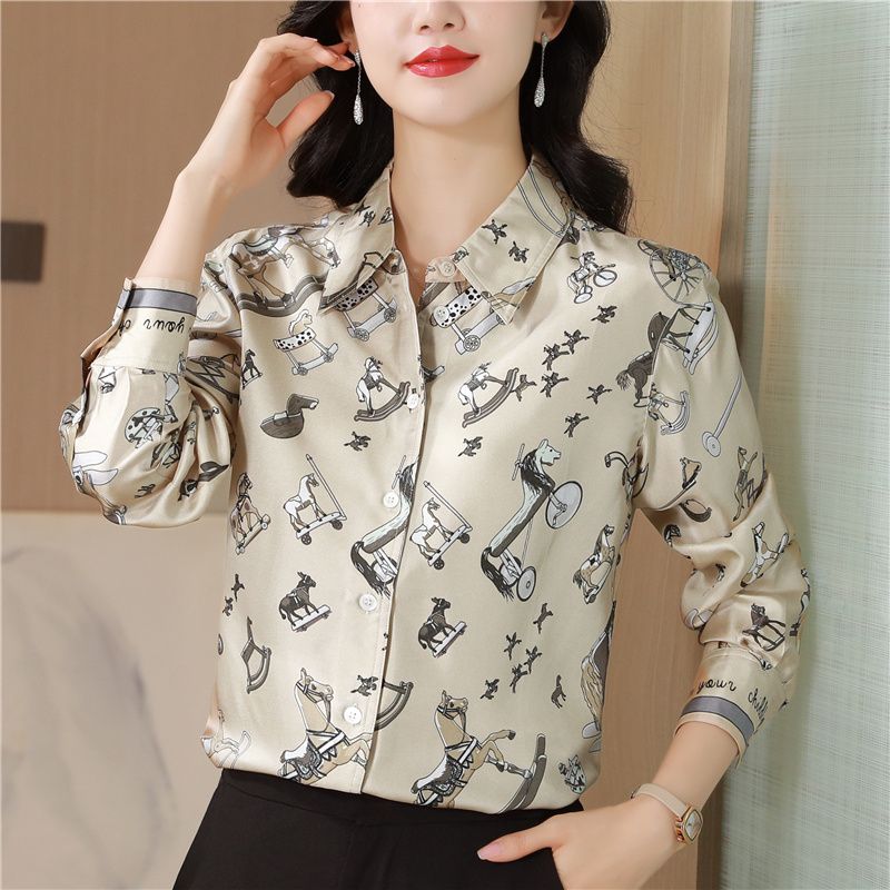 Real silk lapel printing shirt long sleeve retro tops