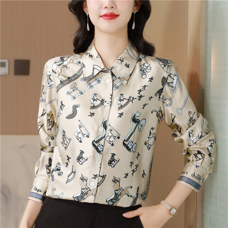 Real silk lapel printing shirt long sleeve retro tops