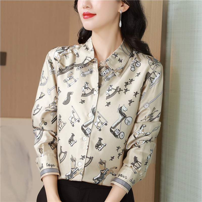 Real silk lapel printing shirt long sleeve retro tops