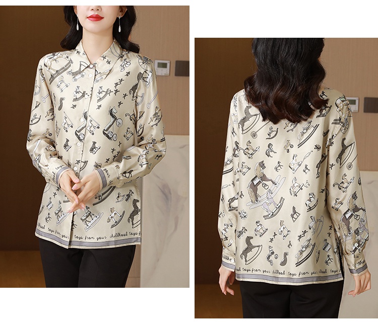 Real silk lapel printing shirt long sleeve retro tops