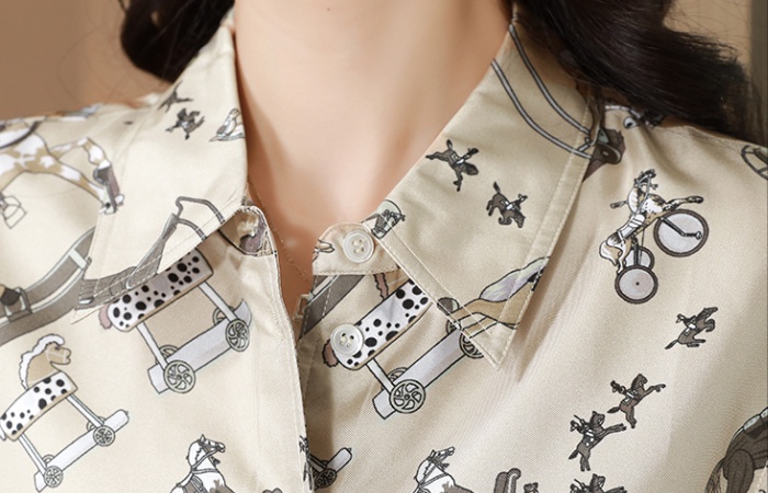 Real silk lapel printing shirt long sleeve retro tops