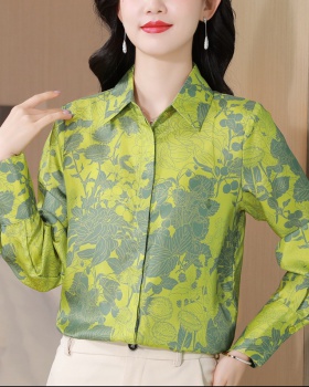 Real silk floral printing tops silk green shirt