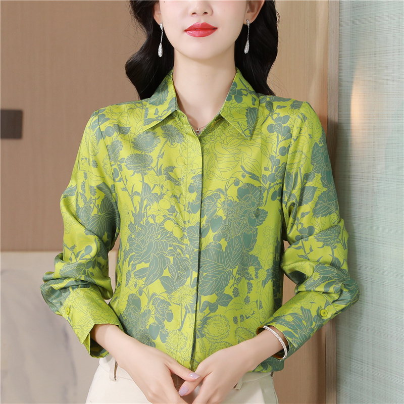 Real silk floral printing tops silk green shirt