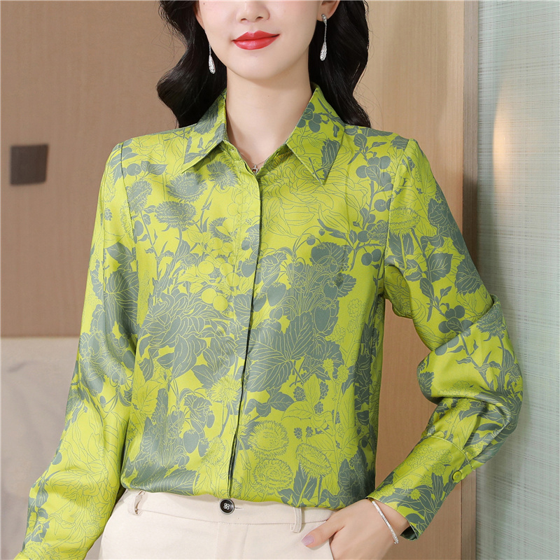 Real silk floral printing tops silk green shirt