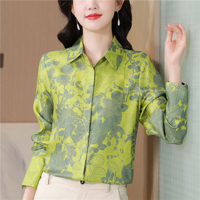 Real silk floral printing tops silk green shirt