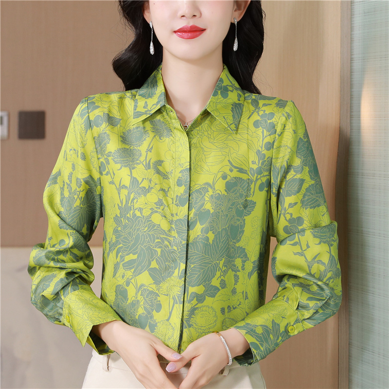 Real silk floral printing tops silk green shirt