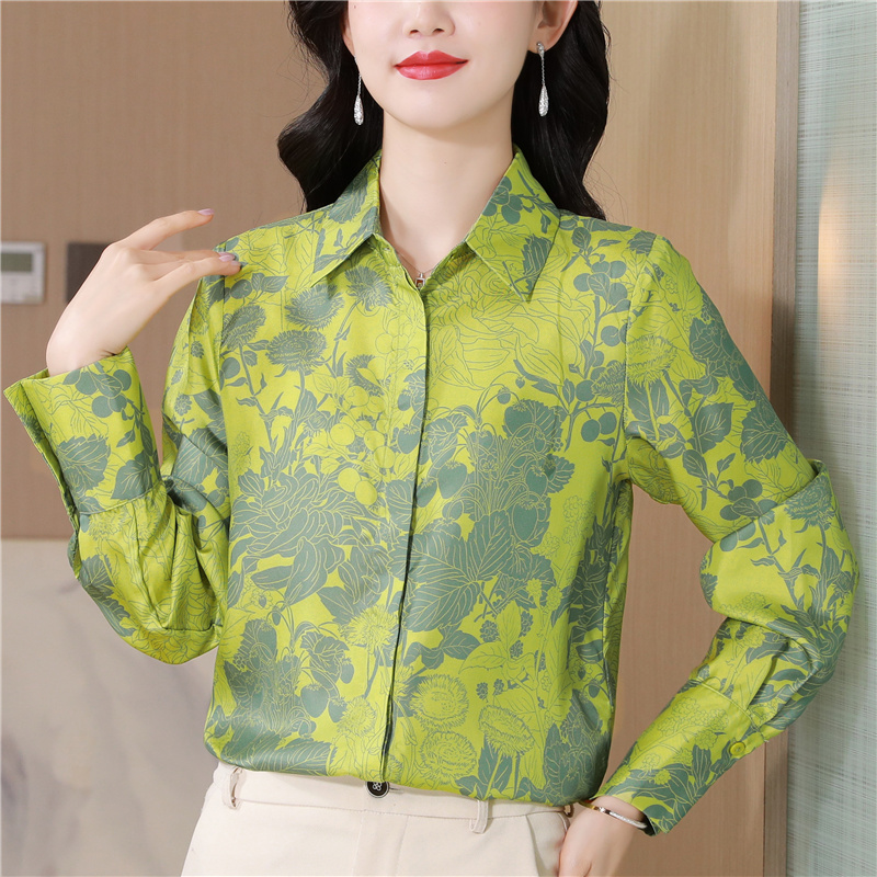 Real silk floral printing tops silk green shirt