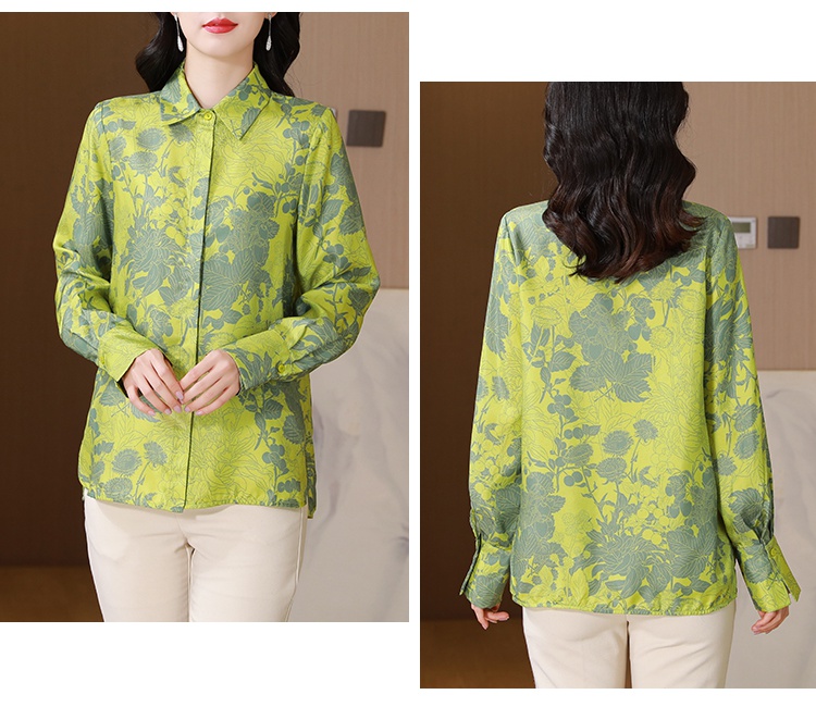 Real silk floral printing tops silk green shirt