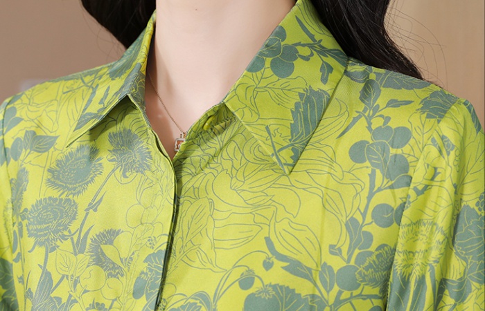 Real silk floral printing tops silk green shirt