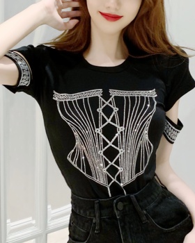 All-match round neck T-shirt rhinestone tops for women