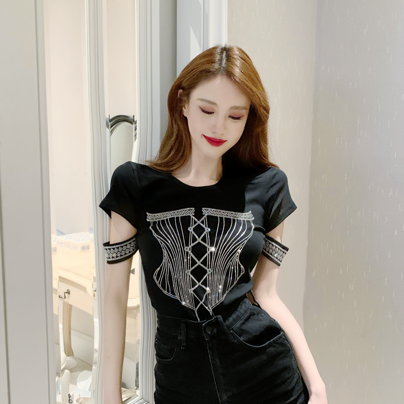 All-match round neck T-shirt rhinestone tops for women