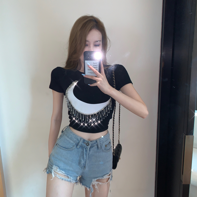 Fashion pattern short sleeve T-shirt chain diamond tops