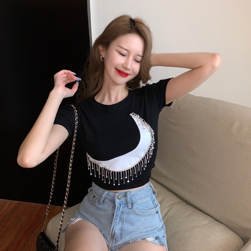 Fashion pattern short sleeve T-shirt chain diamond tops